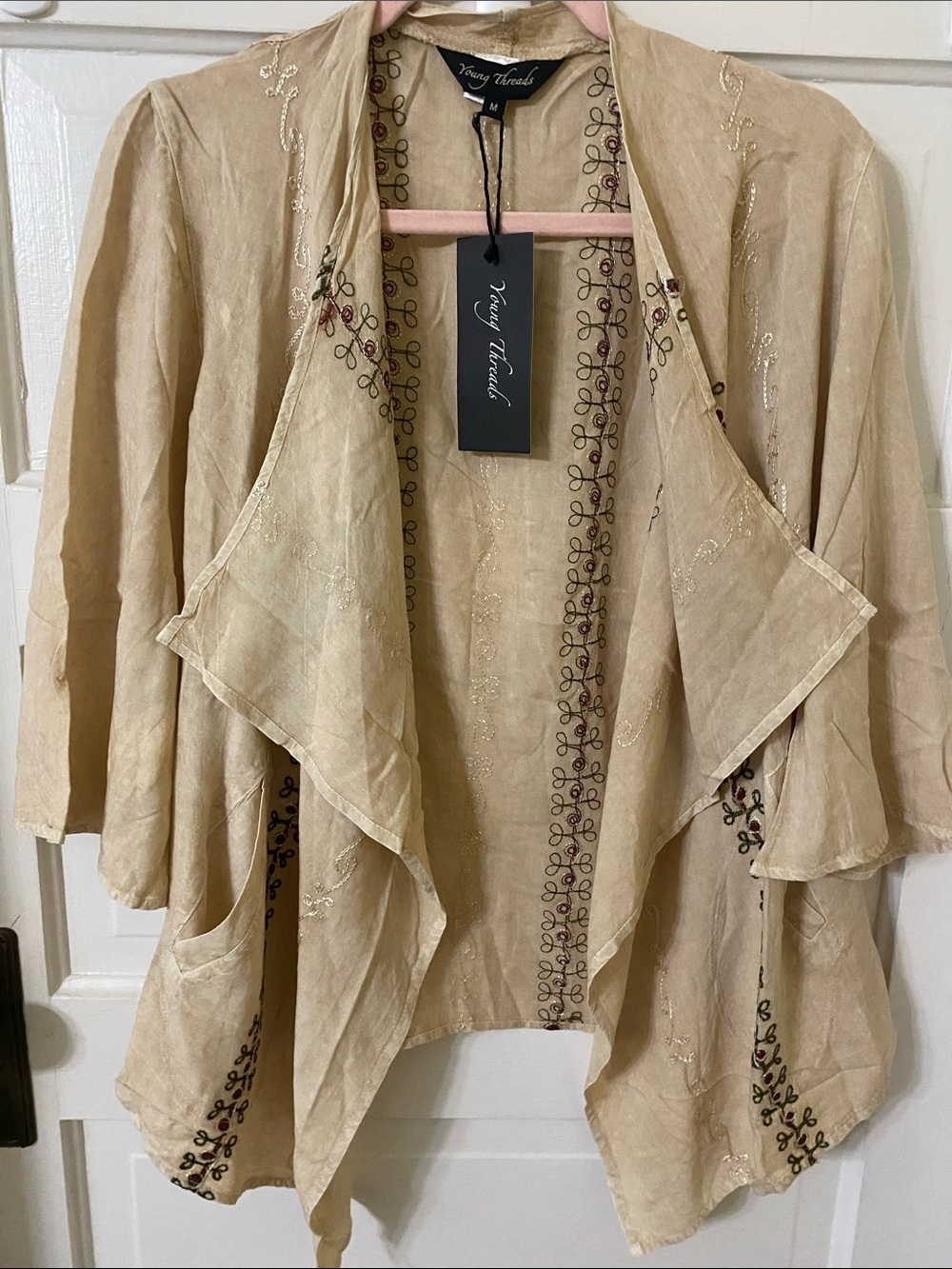 Young Threads NWT Embroidered Draped Kimono Jacket Beige M